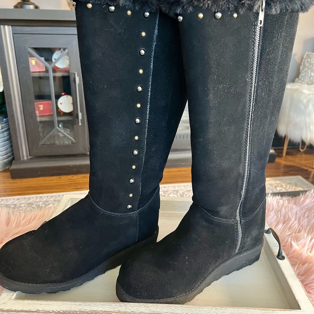 BearPaw-Black Suede Knee-High Boots